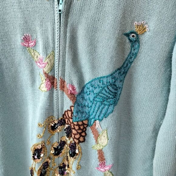 Blue Vintage Storybook Knits Sequined Embroidery Peacock Cardigan Sweater Sz M - Picture 2 of 7